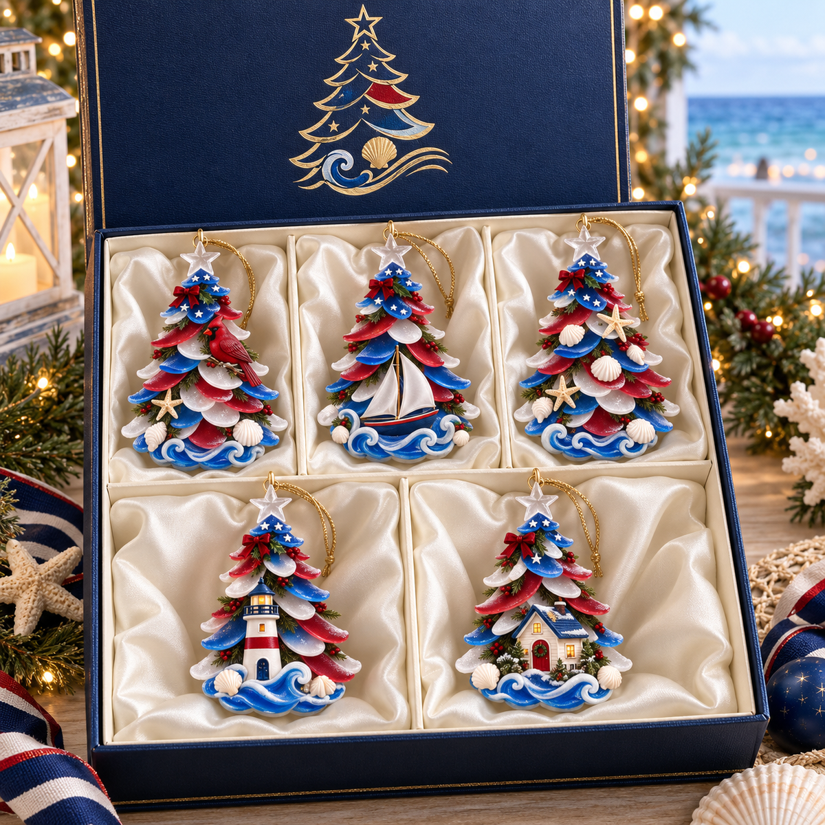 2026 Patriotic Coastal Christmas Tree Ornaments – Seaside Keepsake Designs in Red, White &amp; Blue