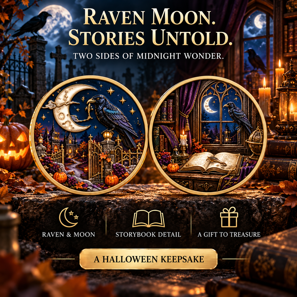 2026 Enchanted Halloween Collectible Coins – 8 Double-Sided Designs with Witches, Ghosts & Moonlit Villages