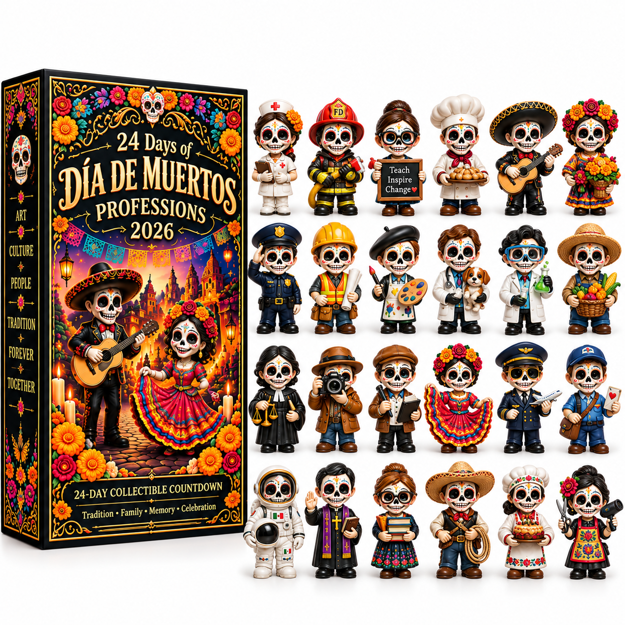 24 Days of Día de Muertos Professions 2026 – 24-Day Collectible Countdown Calendar with 24 Unique Profession Miniatures, Colorful Day of the Dead Gift Collection