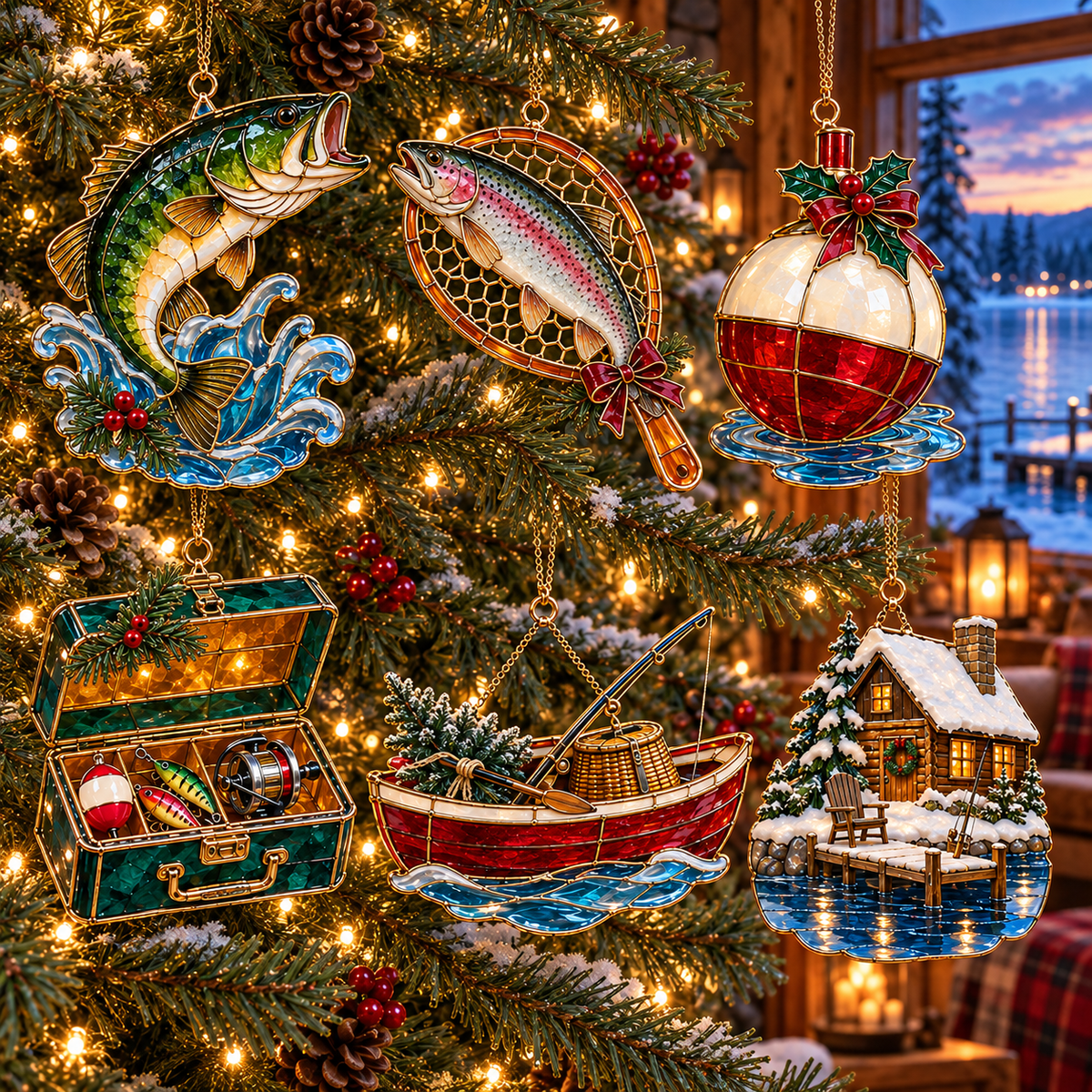 Reel in the Christmas Magic — Vintage Stained Glass–Style Fishing Ornaments, Set of 6