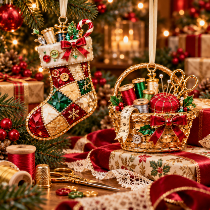 Vintage Sewing Christmas Ornaments – 6-Piece Elegant Holiday Keepsake Collection | Perfect Christmas Gifts for Sewing Lovers & Quilters 🎄🧵