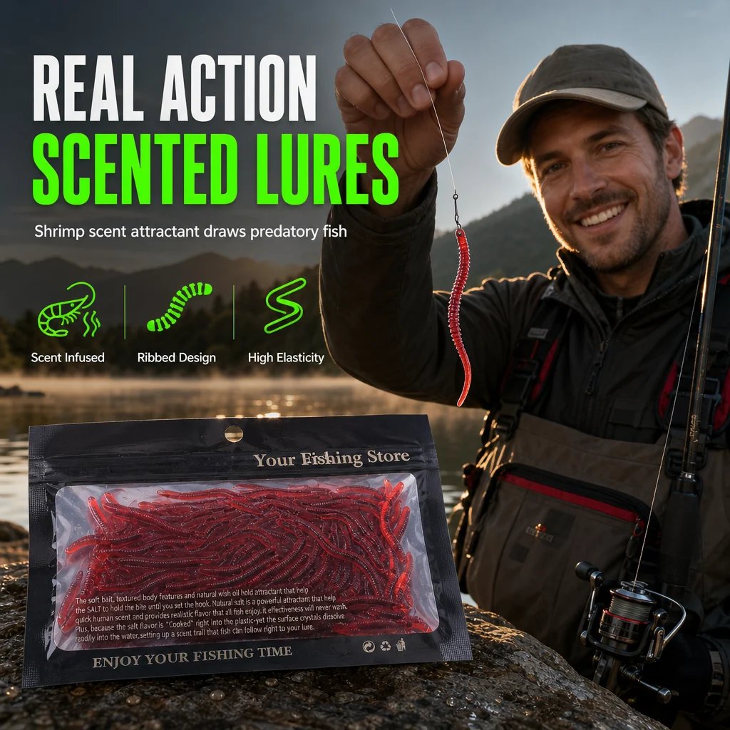 📢📢Simulation Earthworm Soft Fishing Lures Shrimp Scented Artificial Worm Baits for Freshwater and Saltwater Pack of 50 or 100 - image 1