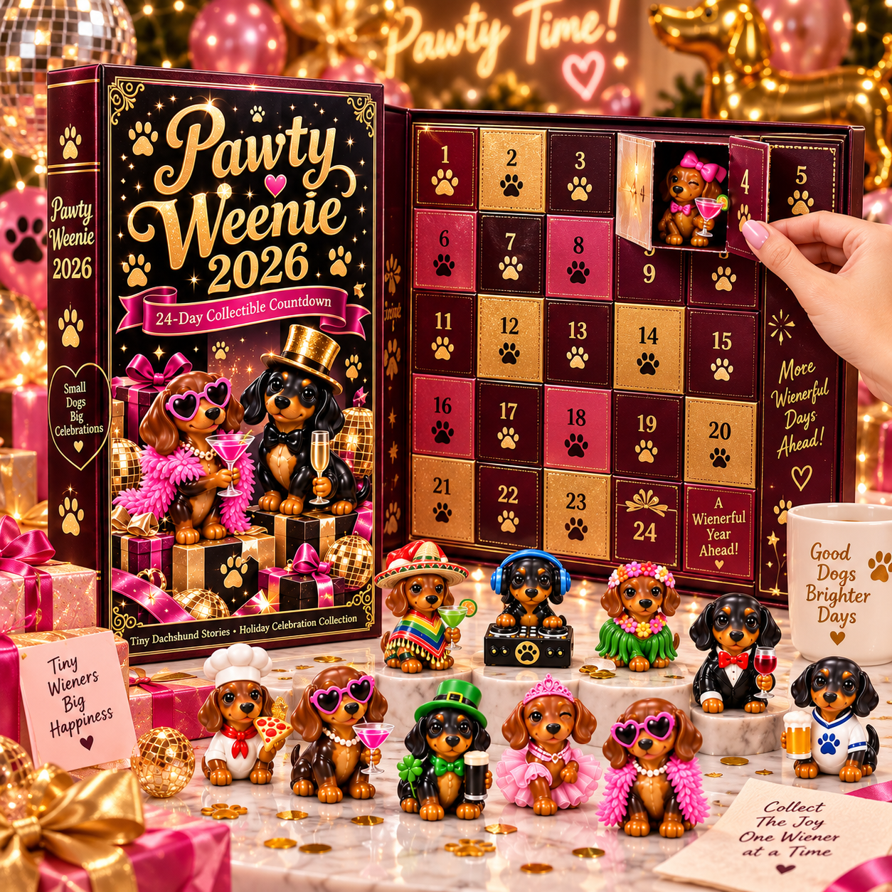 Pawty Weenie 2026 – 24-Day Dachshund Celebration Countdown Calendar with 24 Unique Collectible Miniatures, Fun Christmas Gift for Wiener Dog Lovers