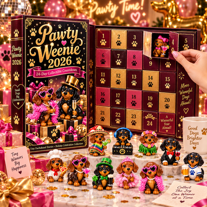 Pawty Weenie 2026 – 24-Day Dachshund Celebration Countdown Calendar with 24 Unique Collectible Miniatures, Fun Christmas Gift for Wiener Dog Lovers