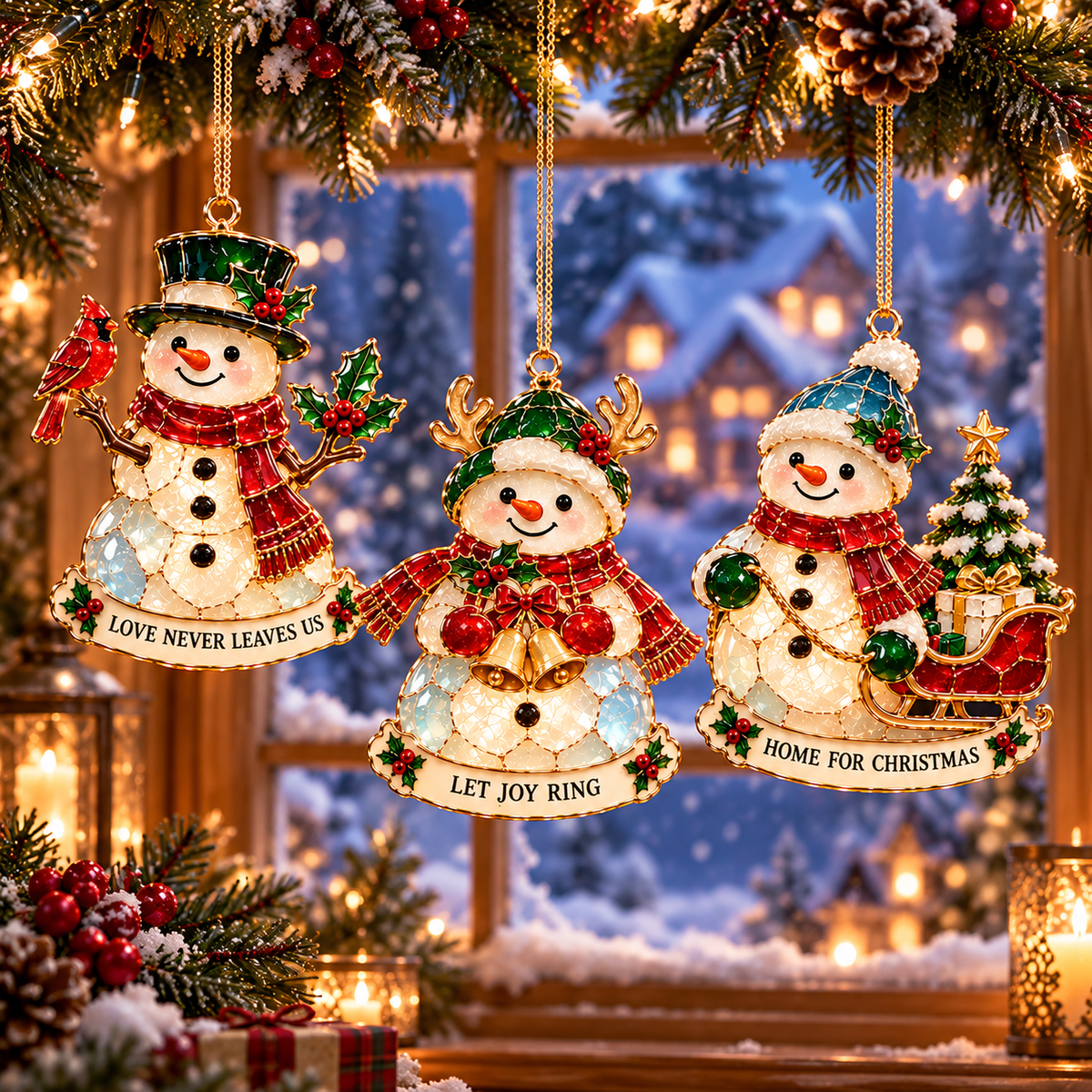 Christmas Snowman Ornament Collection – 6 Charming Stained Glass–Style Designs with Heartwarming Wishes