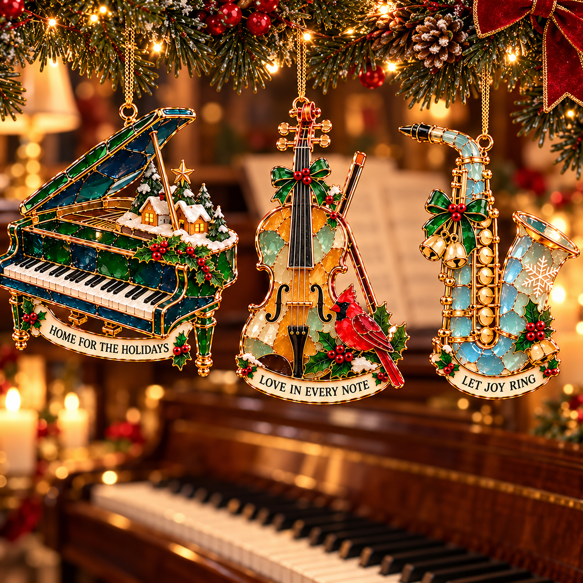 Christmas Melodies – 6-Piece Stained-Glass-Style Musical Instrument Ornament Set | A Christmas Gift for Music Lovers