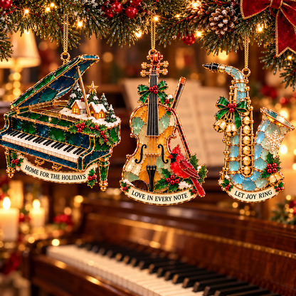 Christmas Melodies – 6-Piece Stained-Glass-Style Musical Instrument Ornament Set | A Christmas Gift for Music Lovers