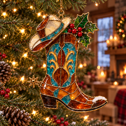 Country Christmas Charm – 6-Piece Vintage Stained Glass–Style Ornament Set