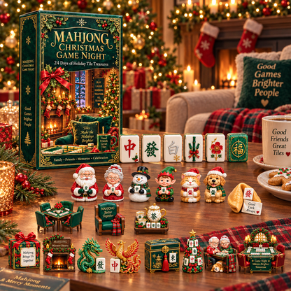 Mahjong Christmas Game Night 2026 – 24-Day Holiday Tile Treasures Countdown Calendar with 24 Unique Collectible Miniatures, Festive Gift for Mahjong Lovers & Family Game Nights
