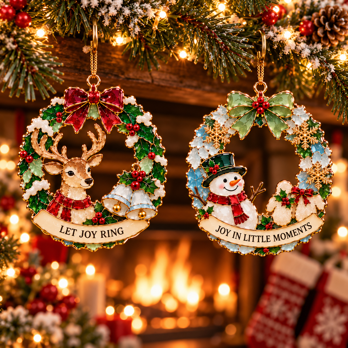 Christmas Wishes Wreath Ornaments – 6 Festive Designs in Stained Glass Style
