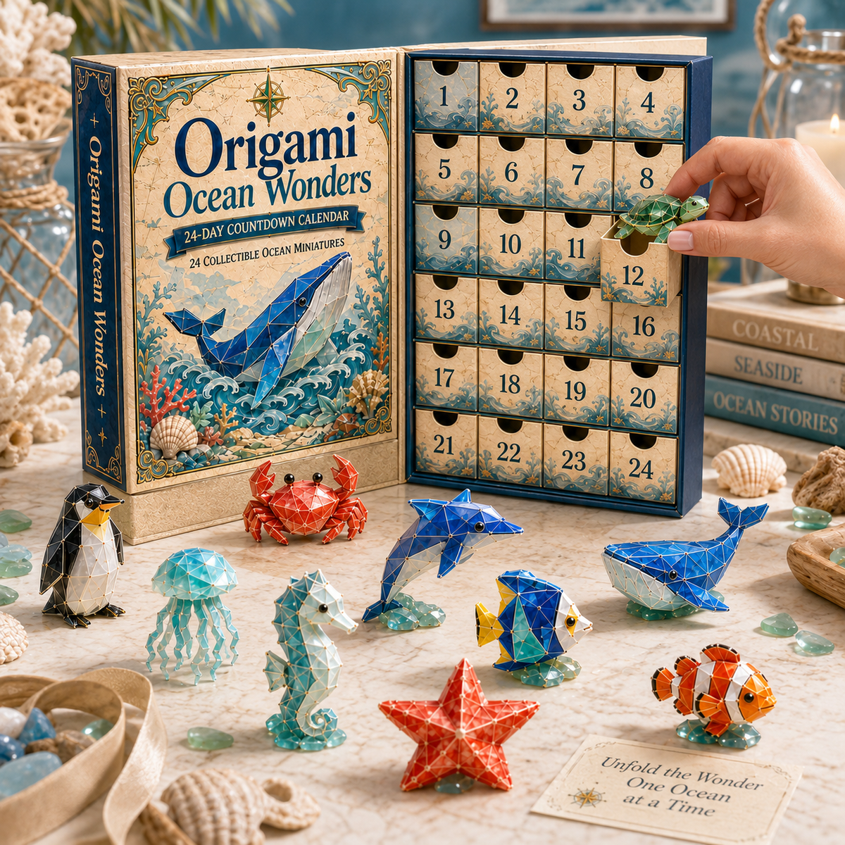 24-Day Origami Ocean Wonders Advent Calendar – 24 Collectible Ocean Figurines, A Magical Christmas Countdown Gift for Ocean Lovers