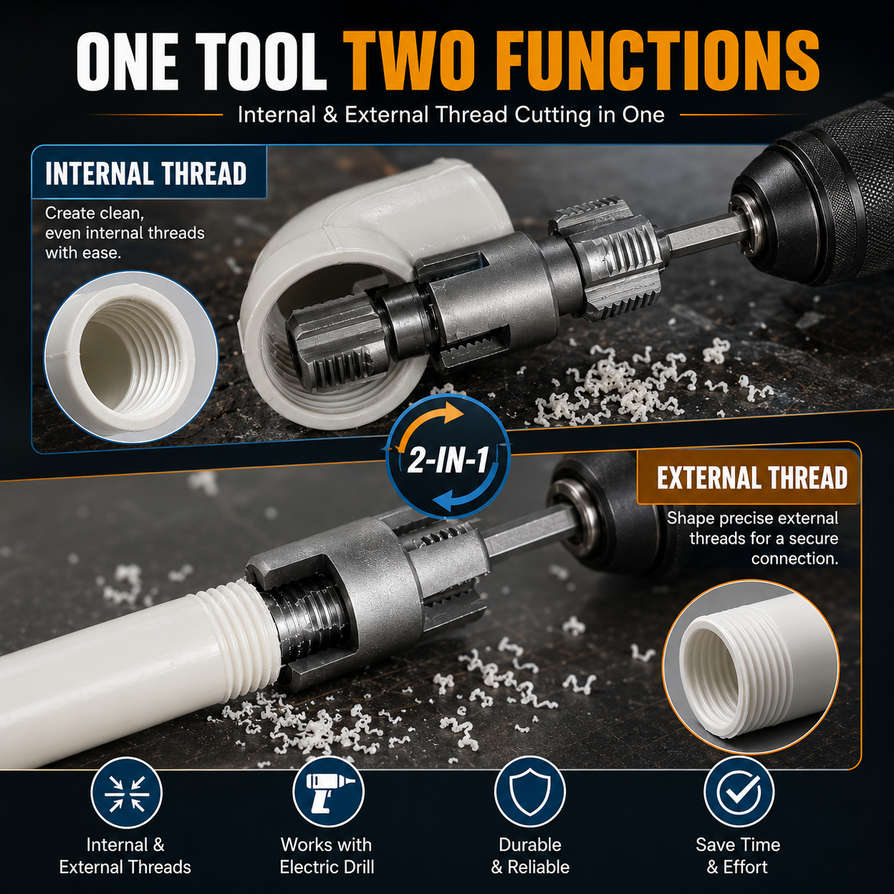 Drill-Powered Pipe Thread Cutting Bit — Internal & External Threading for 1/2" & 3/4" Plastic Pipes - image 3