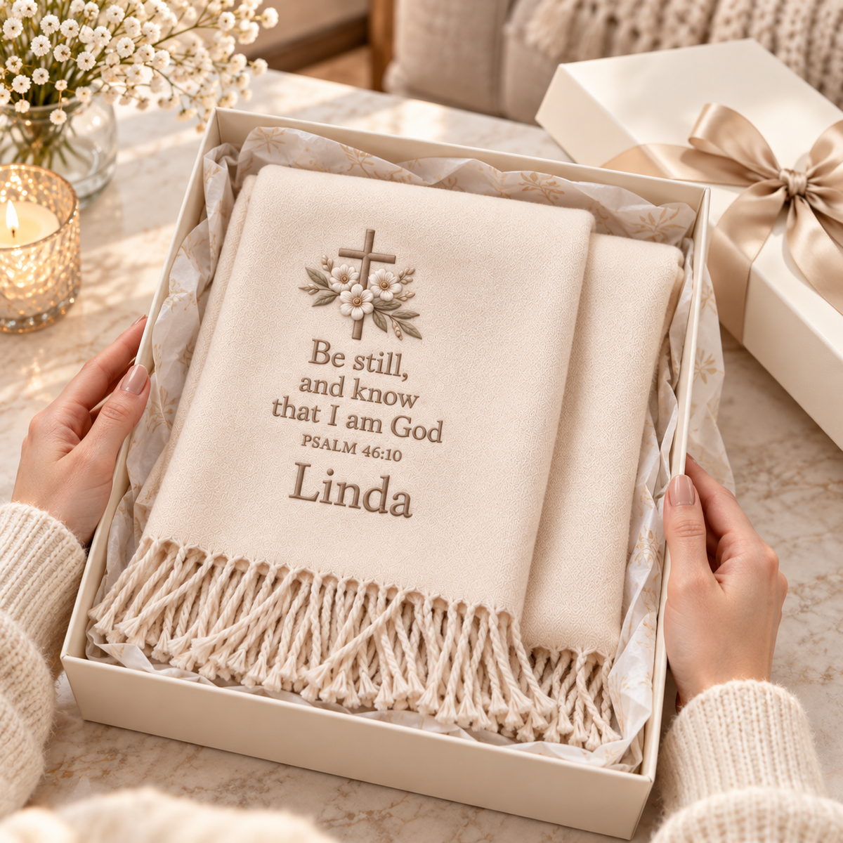 🤍 Wrapped in Faith — Personalized Name & Bible Verse Winter Scarf
