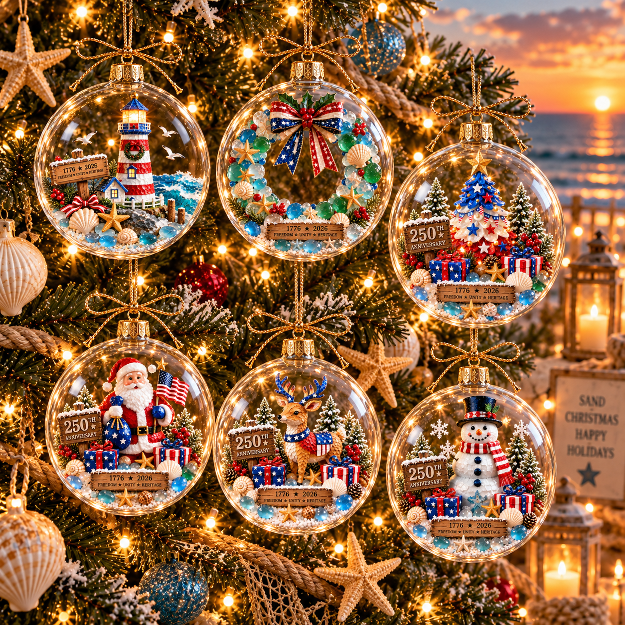 2026 250th Anniversary Ocean Christmas Series – Coastal Holiday Globe Ornament Collection with Santa, Snowman, Reindeer & Christmas Tree Keepsakes