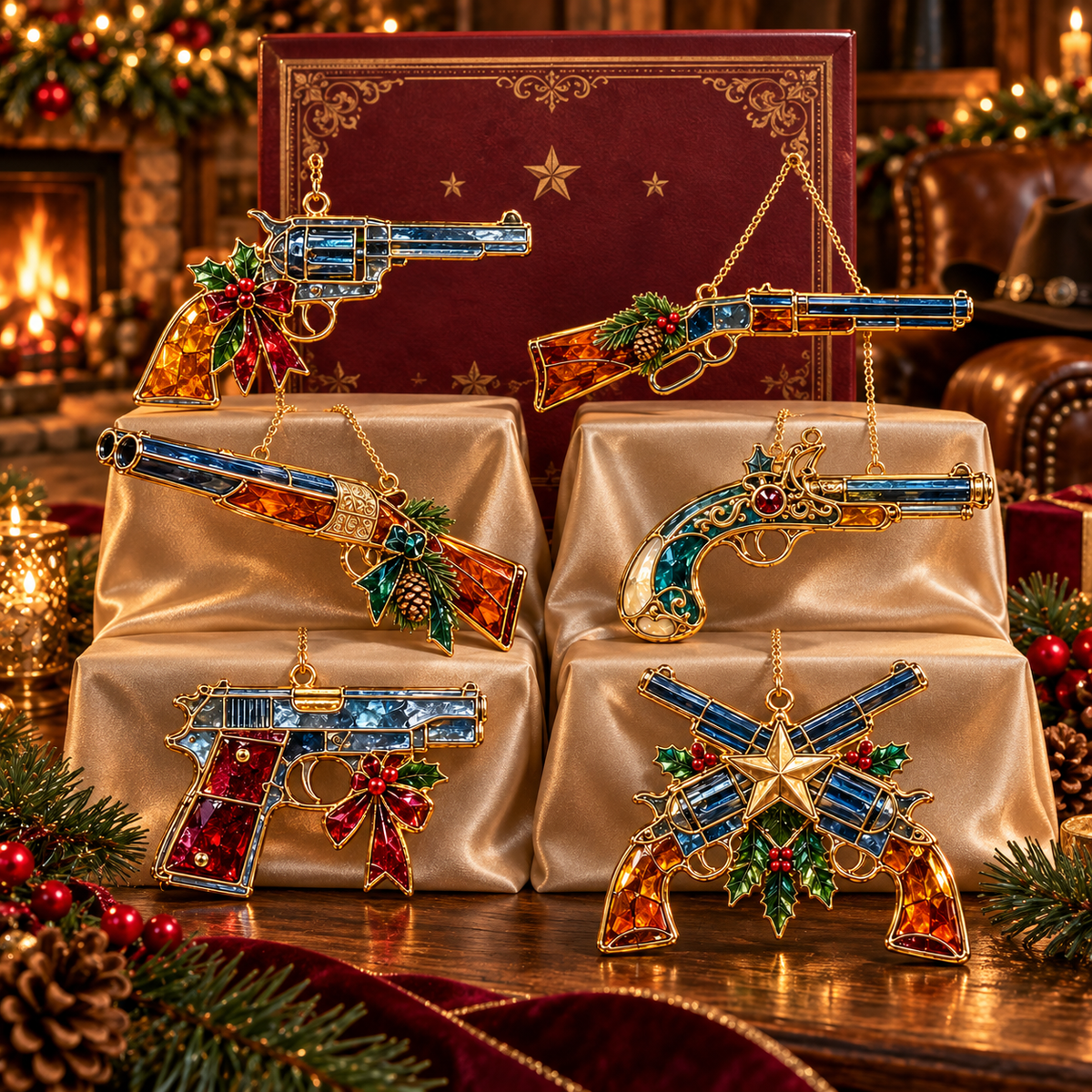 ✨ 2026 Vintage Stained Glass Firearms Christmas Ornaments – Set of 6 | Western Revolver, Cowboy Rifle, Shotgun & Pistol Hanging Decorations | Christmas Tree Ornaments & Unique Holiday Gifts for Gun Enthusiasts