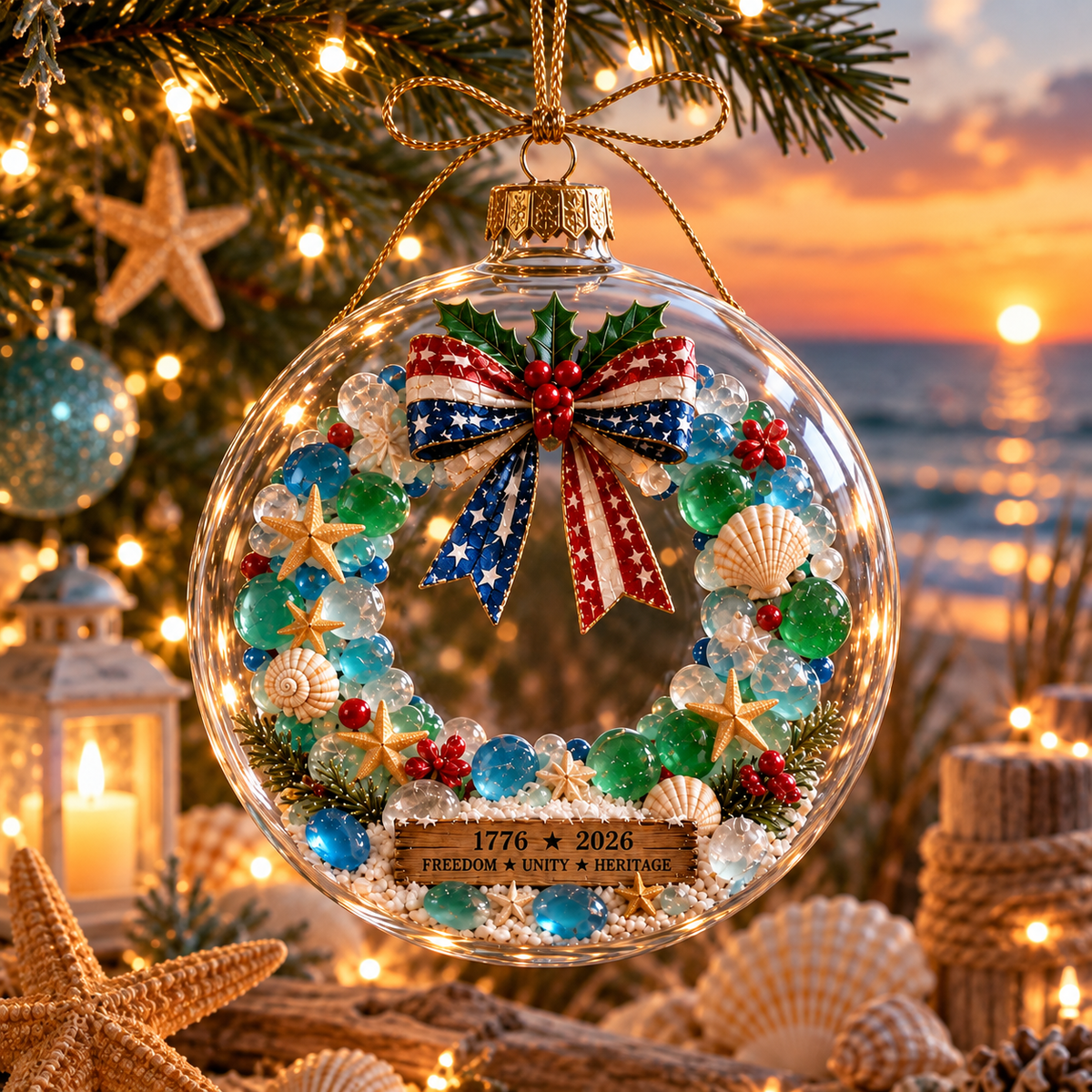 2026 250th Anniversary Ocean Christmas Series – Coastal Holiday Globe Ornament Collection with Santa, Snowman, Reindeer & Christmas Tree Keepsakes