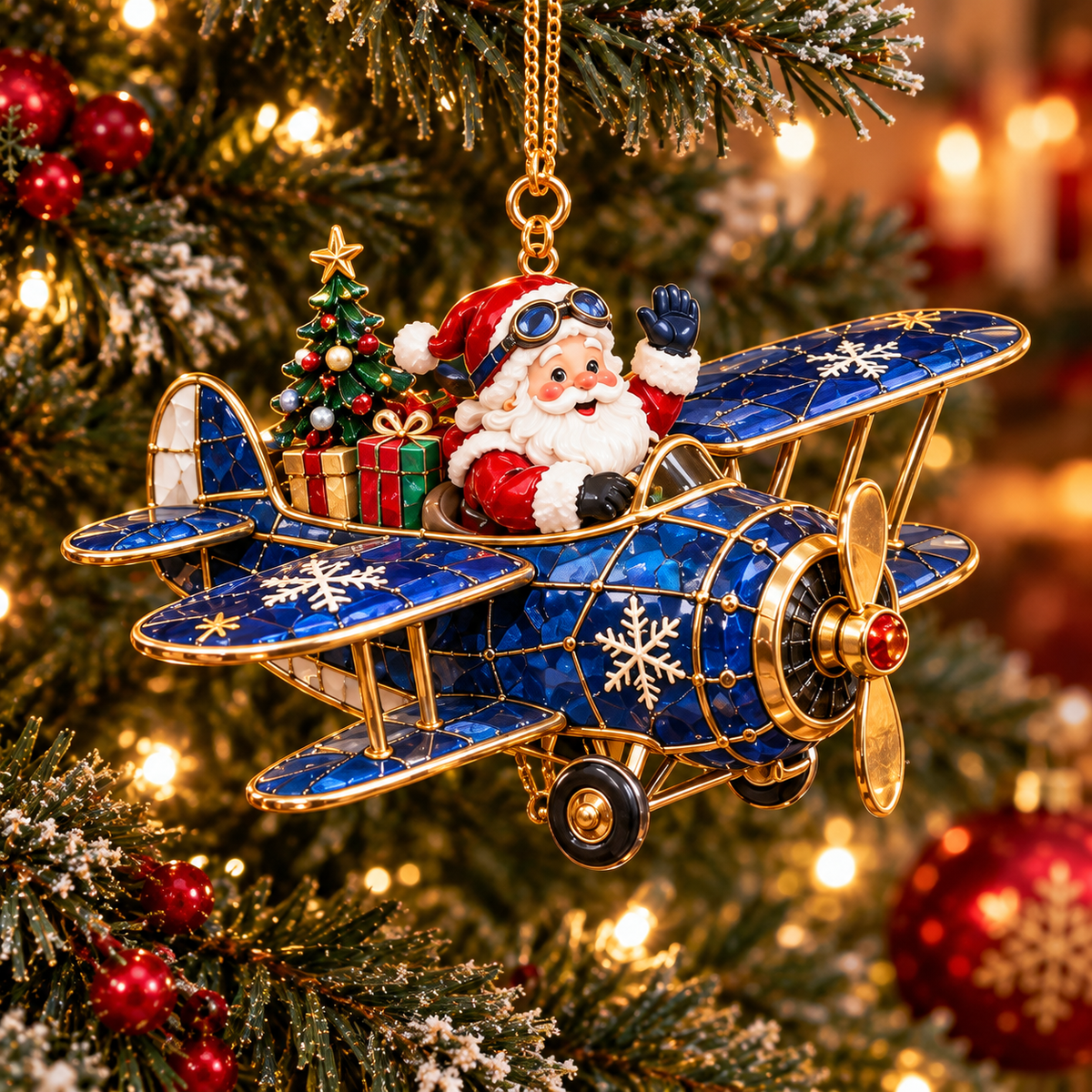 Santa’s Christmas Flight – 6-Piece Vintage Santa Airplane Ornaments Collection | Christmas Tree Decorations & Holiday Gift