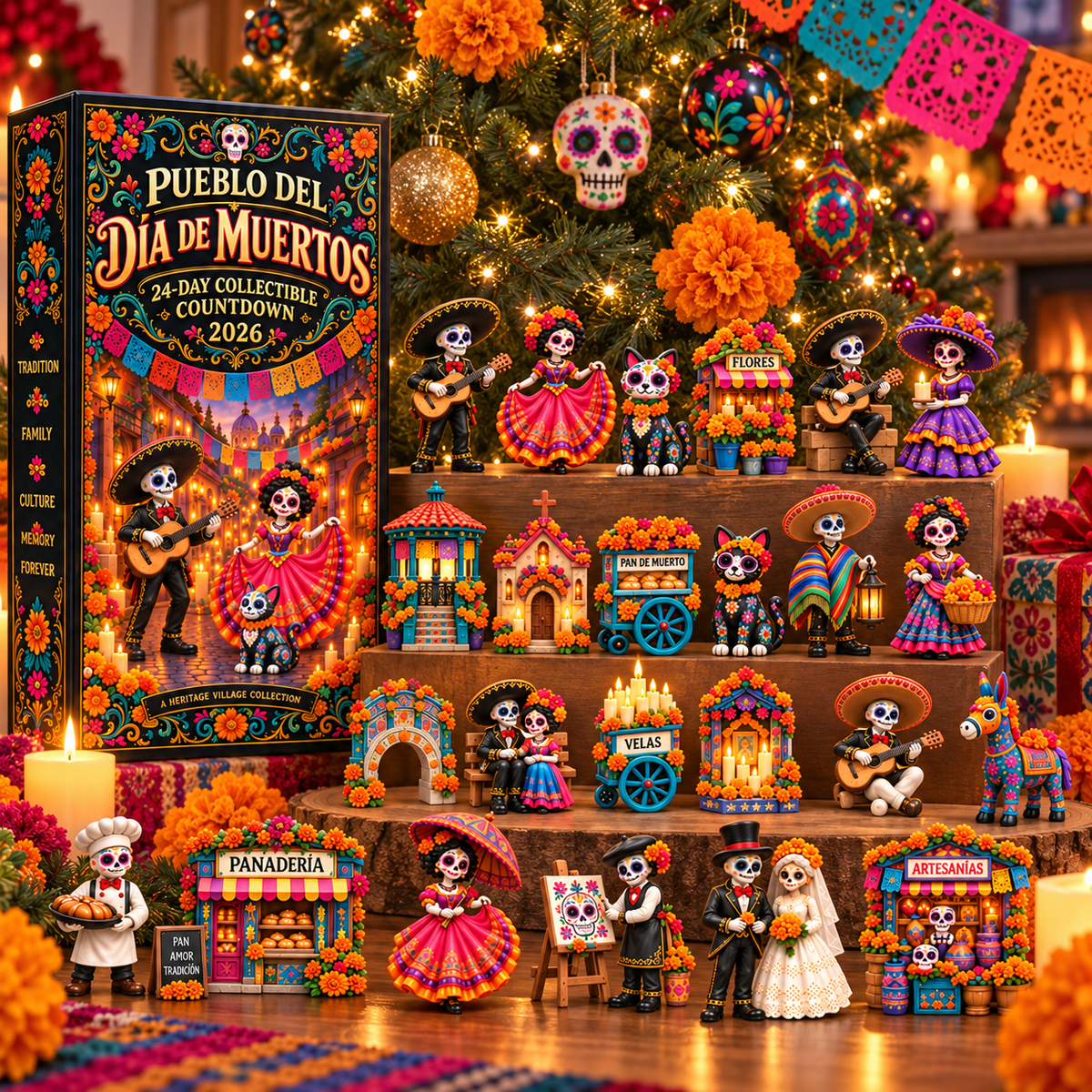 Dia de Muertos miniature village displayed near a family ofrenda