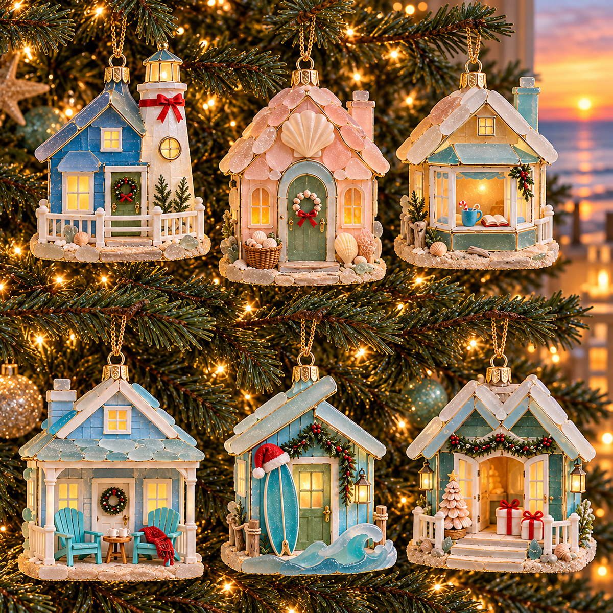 🌊 2026 Coastal Christmas Cottage Ornaments – Set of 6 Beach House Holiday Keepsakes