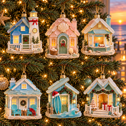 🌊 2026 Coastal Christmas Cottage Ornaments – Set of 6 Beach House Holiday Keepsakes