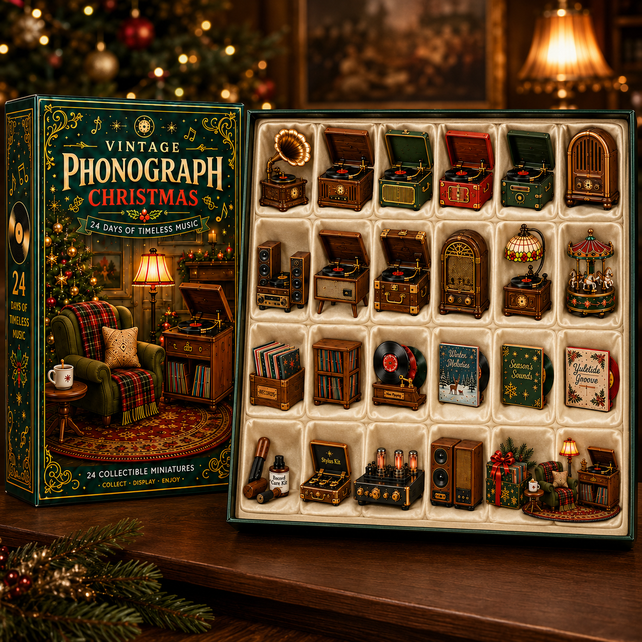 Vintage Phonograph Christmas Advent Calendar 2026 – 24 Days of Timeless Music Collectible Miniatures, Retro Record Player Countdown Gift for Music Lovers