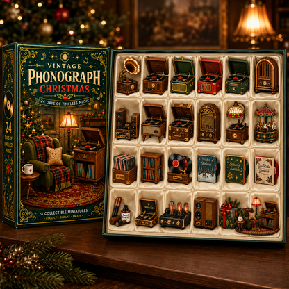 Vintage Phonograph Christmas Advent Calendar 2026 – 24 Days of Timeless Music Collectible Miniatures, Retro Record Player Countdown Gift for Music Lovers