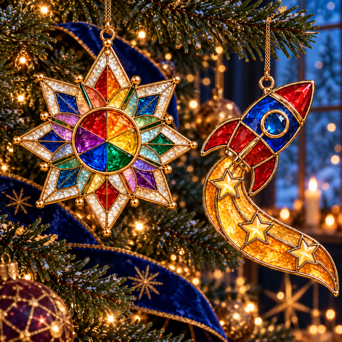 ✨ 2026 Magical Stained Glass Christmas Ornaments – Set of 6 |  Crystal Castle, Candy, Rocket, Rainbow Star & Heart Hanging Decorations | Colorful Christmas Tree Ornaments & Holiday Gifts