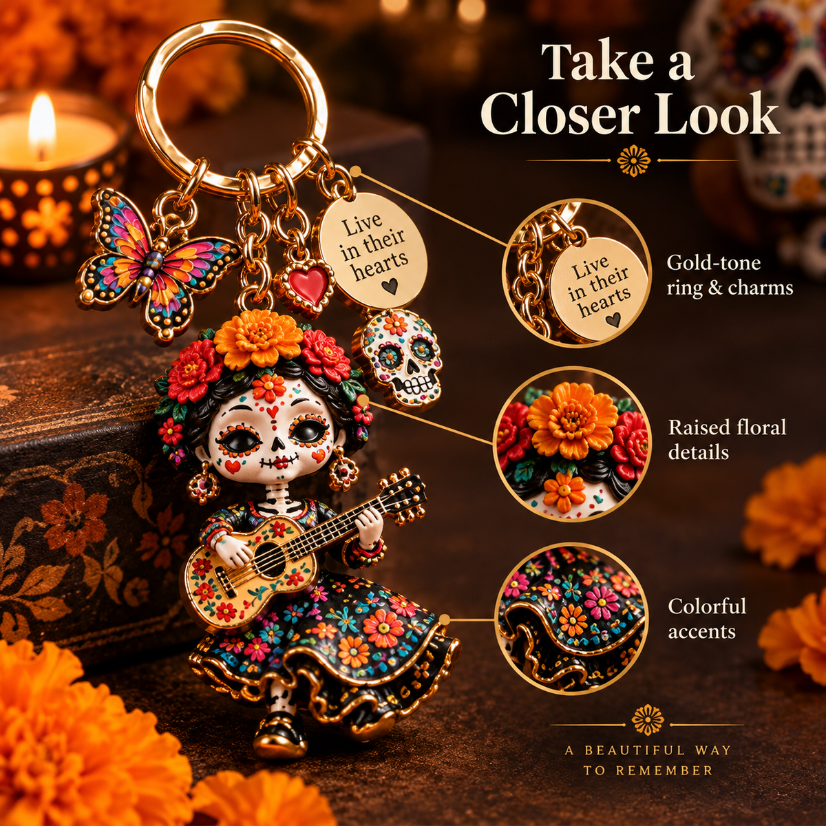 2026 Día de Muertos Keepsake Keychains – 4 Colorful Designs with Remembrance Cards