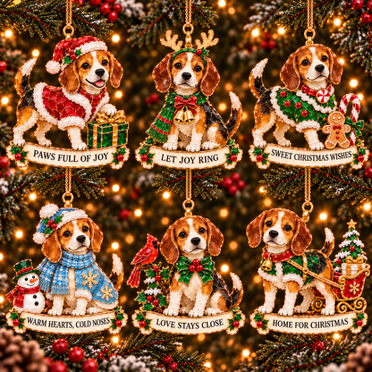 2026 Beagle Christmas Ornament Gift Set – 6 Festive Designs with Stained Glass Style & Heartwarming Wishes
