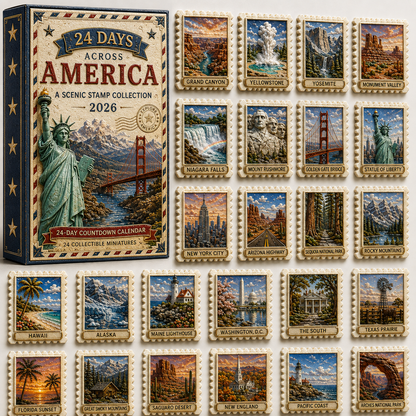 2026 24-Day Across America Advent Calendar – 24 Collectible Scenic Stamp Miniatures Featuring Iconic U.S. Landmarks, A Unique Christmas Gift for Travel Lovers & Collectors