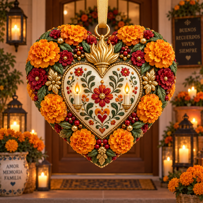 Día de Muertos Marigold Heart Ornament  – Floral Hanging Keepsake Collection, Meaningful Day of the Dead Gift for Family & Loved Ones