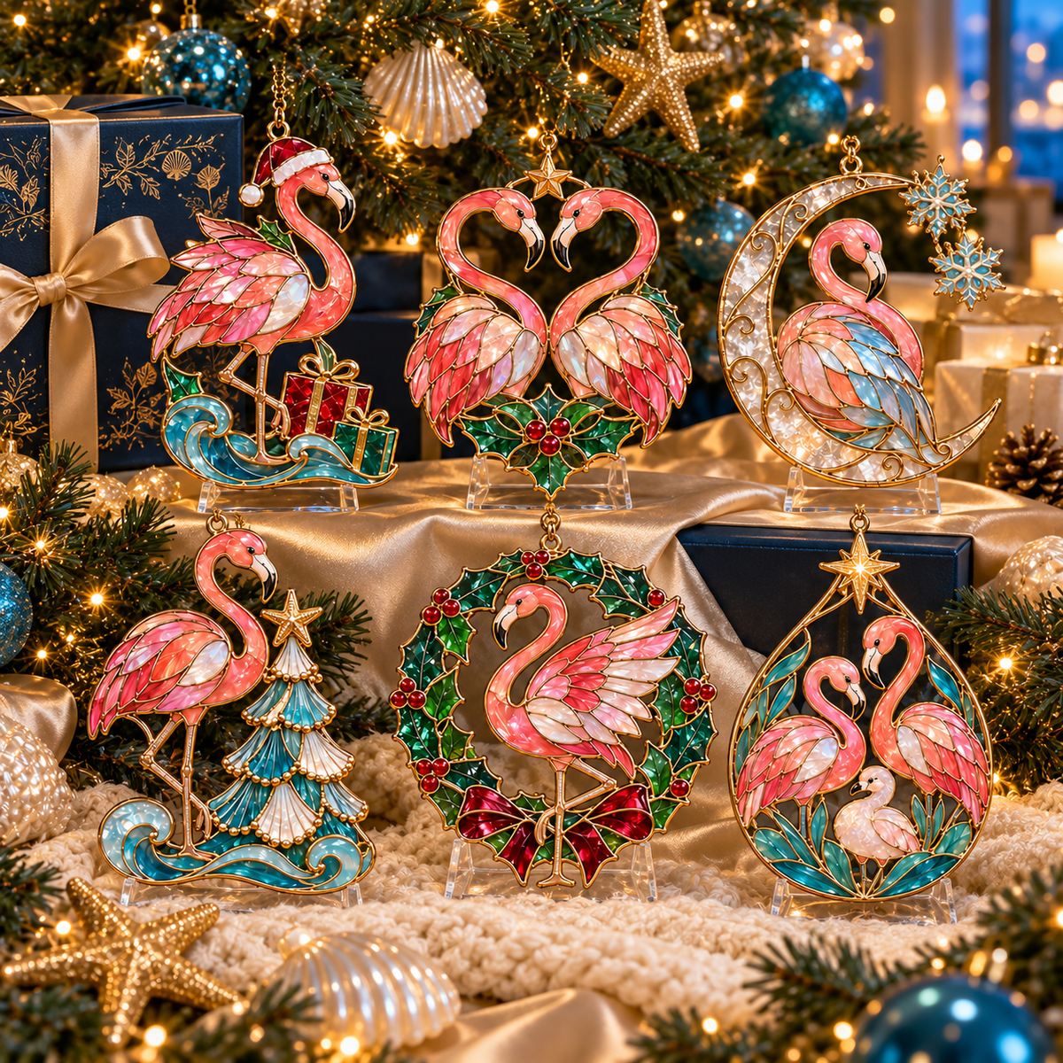 Coastal Christmas Flamingo Ornaments – Vintage Stained-Glass Style, 6-Piece Set