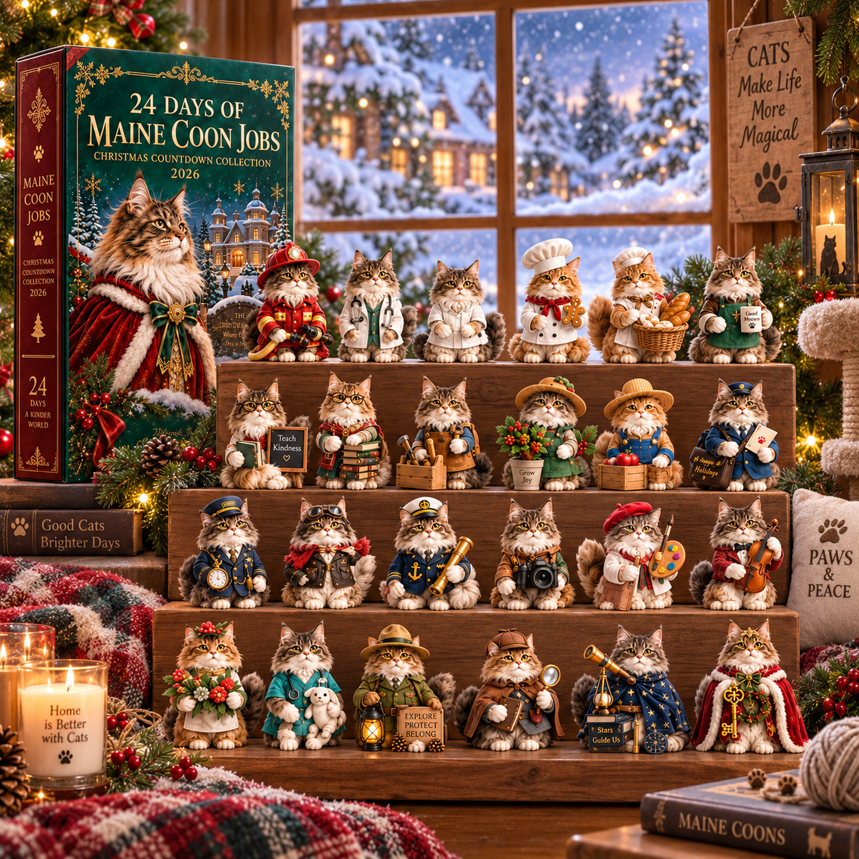 2026 Maine Coon Jobs 24-Day Christmas Countdown Calendar – 24 Unique Career Cat Miniatures, Festive Collector’s Gift for Maine Coon & Cat Lovers