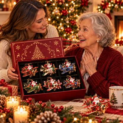 Santa’s Christmas Flight – 6-Piece Vintage Santa Airplane Ornaments Collection | Christmas Tree Decorations & Holiday Gift