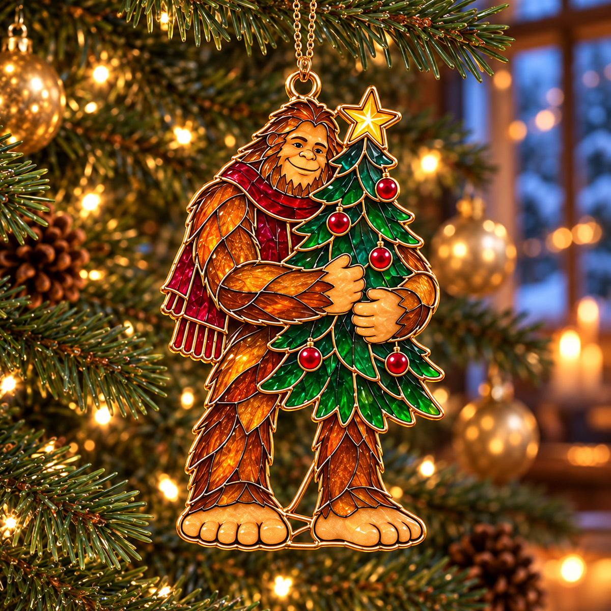 Woodland Wonders – Vintage Stained Glass Style Bigfoot Christmas Ornaments, Set of 6