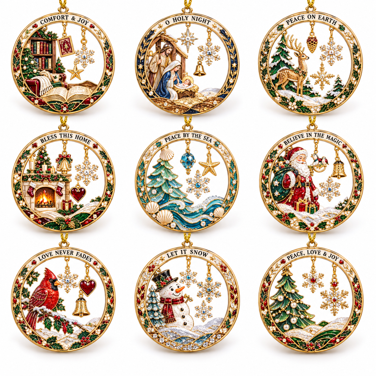 2026 Christmas Blessings Hanging Ornaments – 9 Festive Designs with Holiday Scenes, Stars & Snowflakes