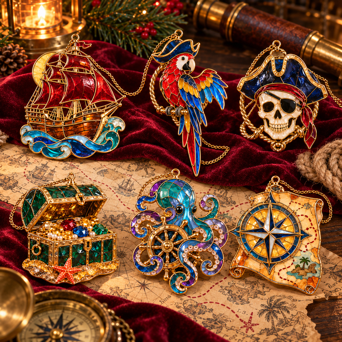 Pirate Adventures – Vintage Stained Glass-Style Christmas Ornaments, Set of 6