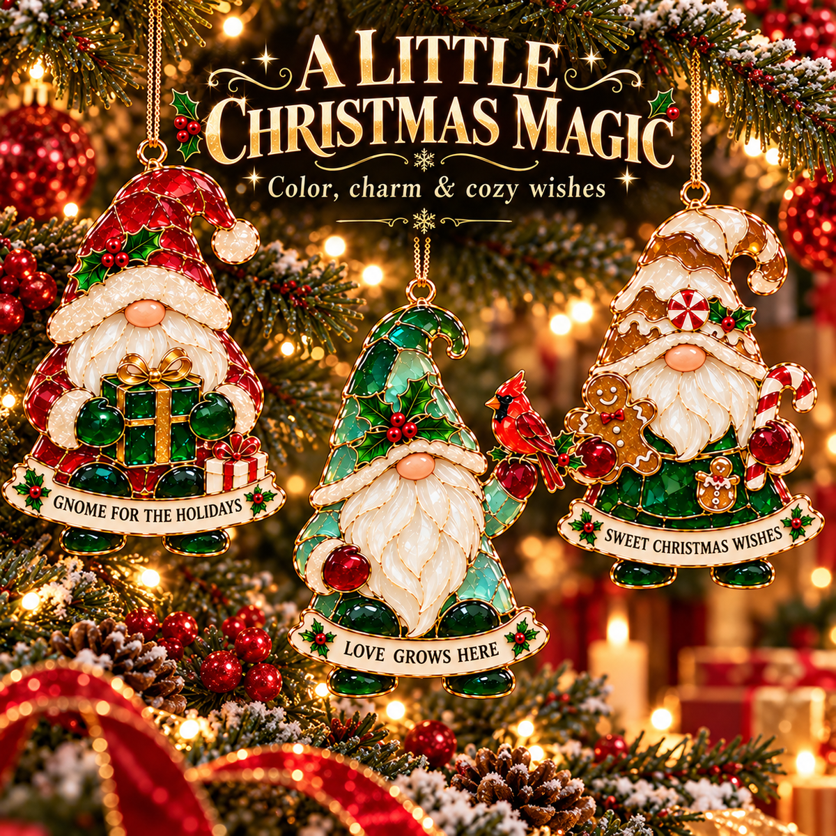 Gnome for the Holidays – 6-Piece Stained Glass–Style Christmas Ornament Set with Heartwarming Wishes