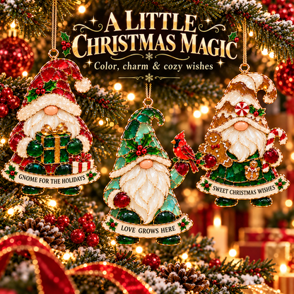 Gnome for the Holidays – 6-Piece Stained Glass–Style Christmas Ornament Set with Heartwarming Wishes