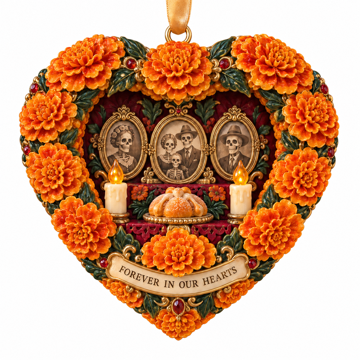 Día de Muertos Marigold Heart Ornaments –  “Forever in Our Hearts” Memorial Keepsake Collection