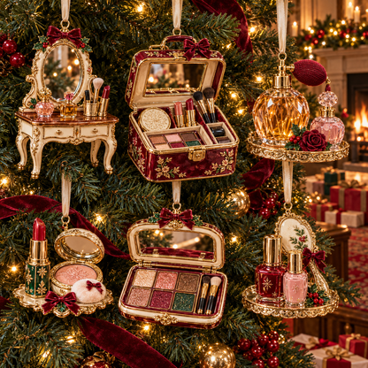 Vintage Glamour Christmas Ornaments – 6 Elegant Makeup & Beauty-Themed Holiday Decorations | Perfect Christmas Gifts for Makeup Lovers & Beauty Enthusiasts 🎄💄✨