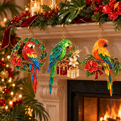 Tropical Parrot Christmas Ornaments – Vintage Stained Glass Style, Set of 6