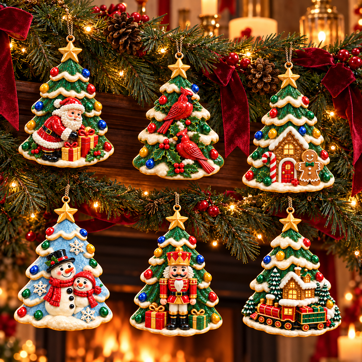 🎄 2026 Christmas Tree Ornaments – Set of 6 Festive Holiday Keepsakes Featuring Santa, Cardinals, Gingerbread House, Snowmen & Nutcracker | Christmas Decorations & Gifts