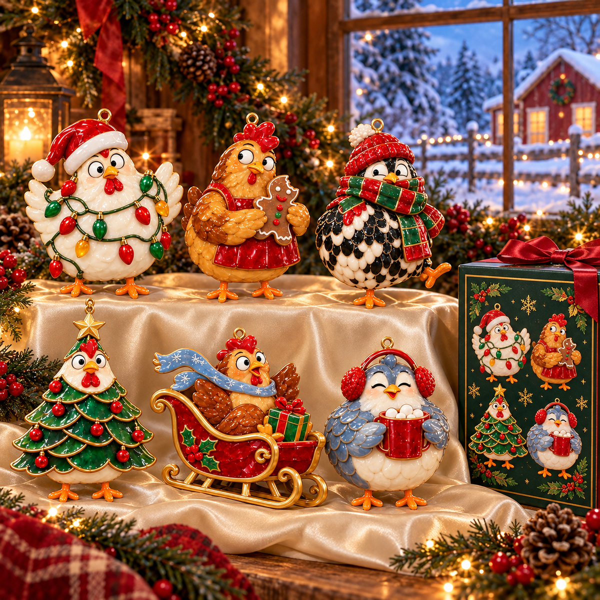 🐔 2026 Christmas Chicken Ornaments – Set of 6 Festive Farmhouse Holiday Keepsakes