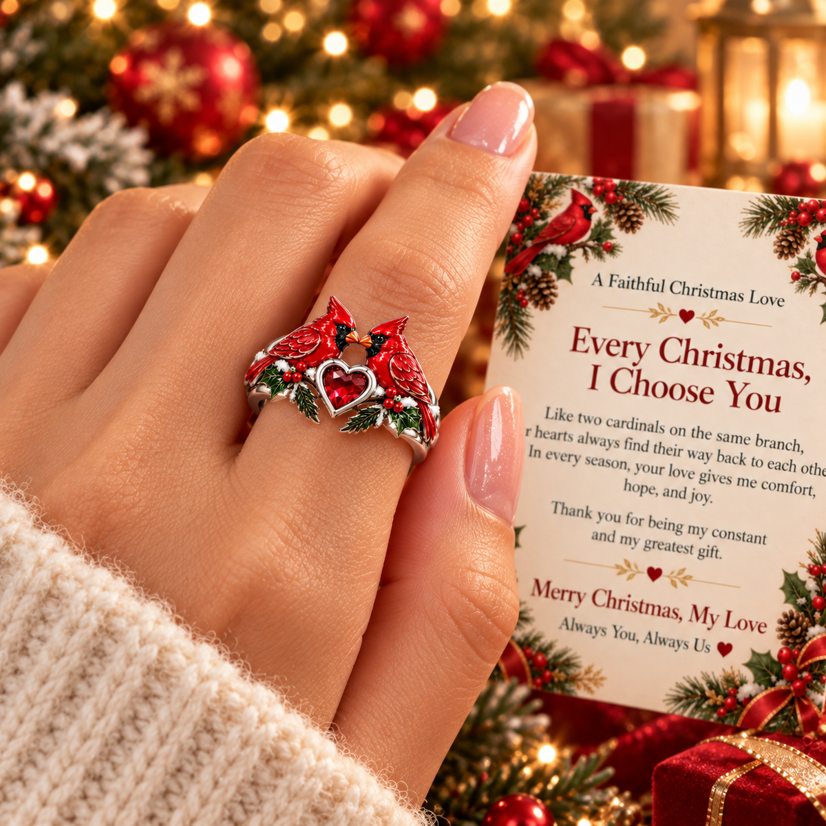 Every Christmas, I Choose You – Romantic Cardinal Heart Ring with Love Message Card, Meaningful Christmas Gift for Her