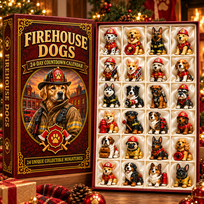 2026 Firehouse Dogs 24-Day Christmas Countdown Calendar – 24 Unique Firefighter Dog Miniatures, Heroic Canine Collector’s Gift for Dog & Firefighter Lovers