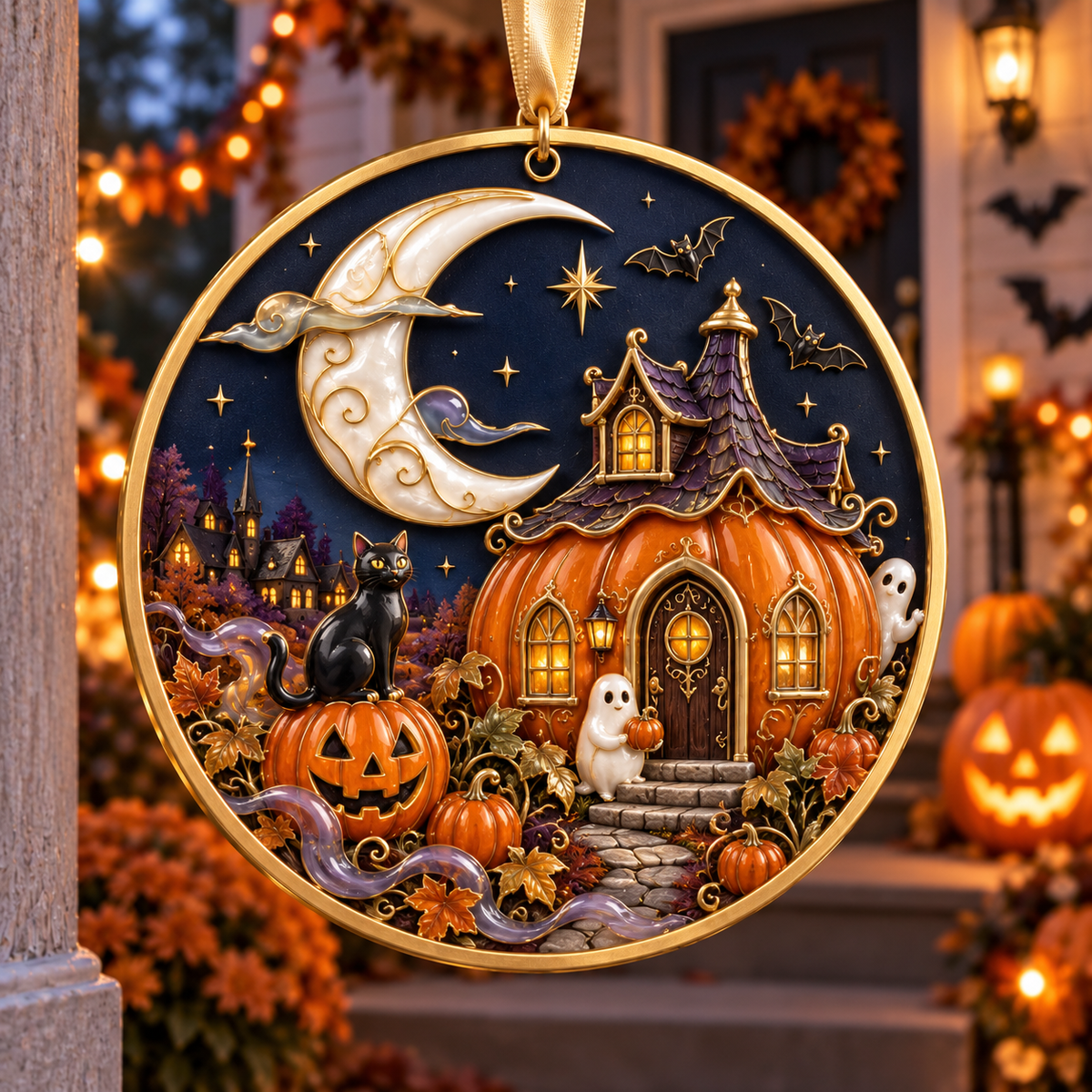 2026 Moonlit Halloween Village Hanging Ornaments – 9 Enchanting Designs with Witches, Ghosts & Pumpkin Magic