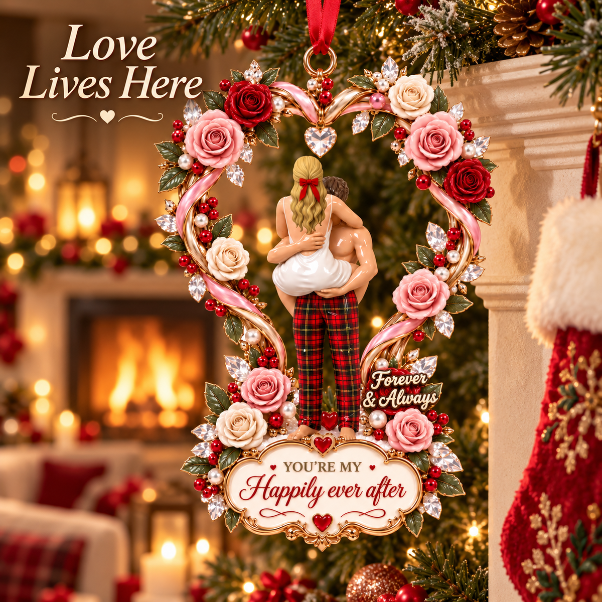 2026 “Happily Ever After” Couples Christmas Ornament –  Rose Heart Keepsake Gift