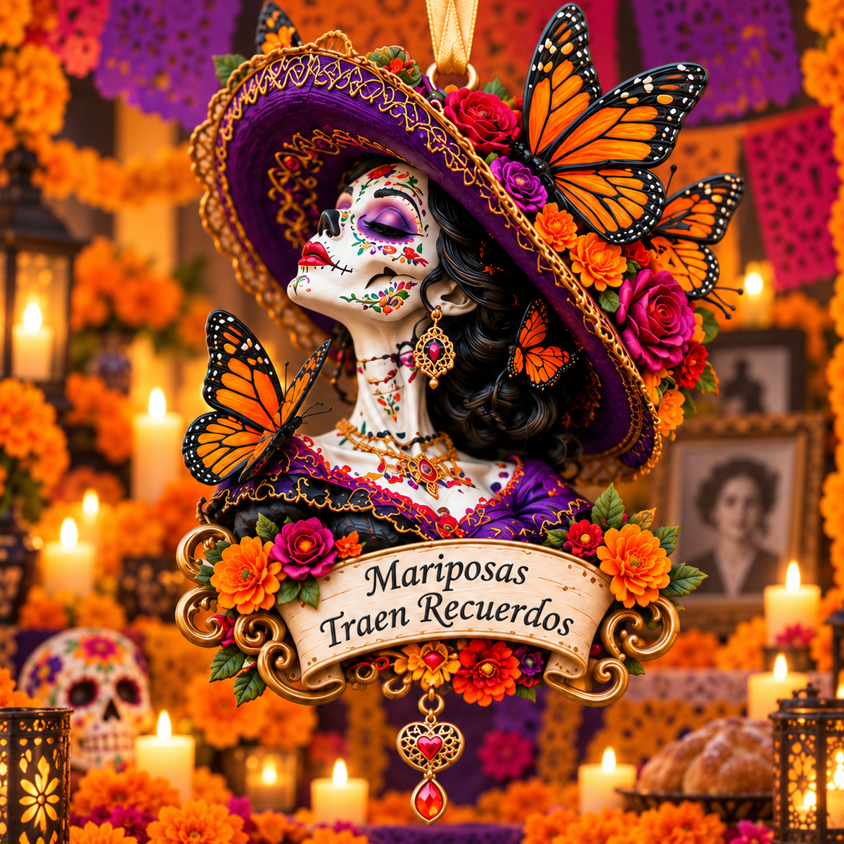Día de Muertos Catrina Butterfly Ornament  –  Floral Day of the Dead Keepsake Collection, Meaningful Gift for Family & Loved Ones