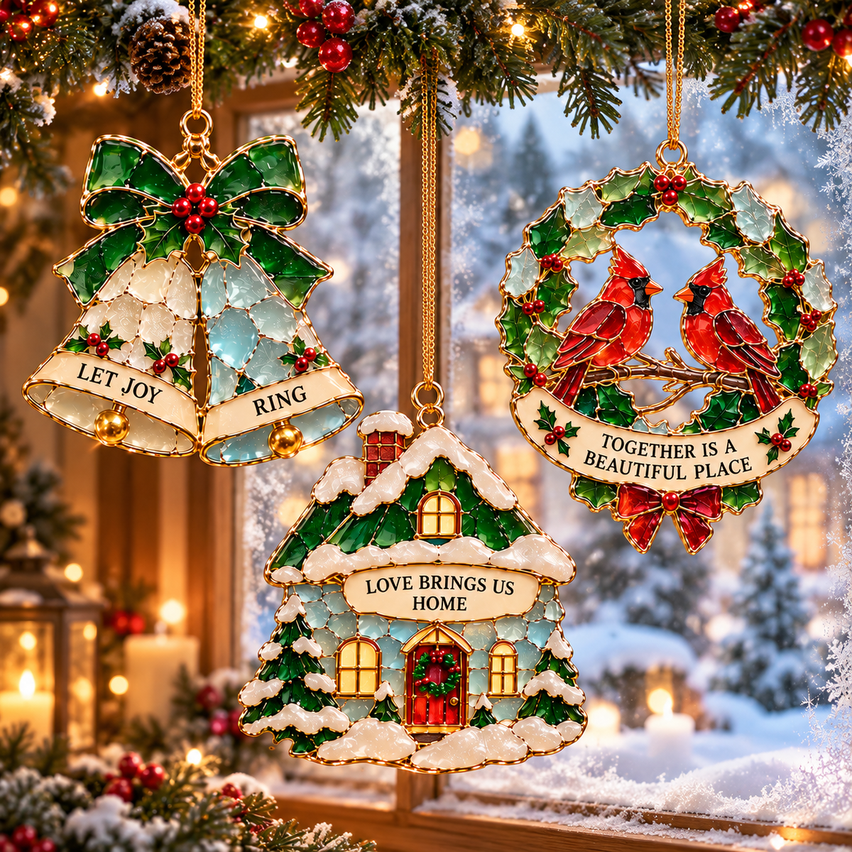 Christmas Wishes — 6-Piece Stained Glass–Style Ornament Set with Heartfelt Blessings